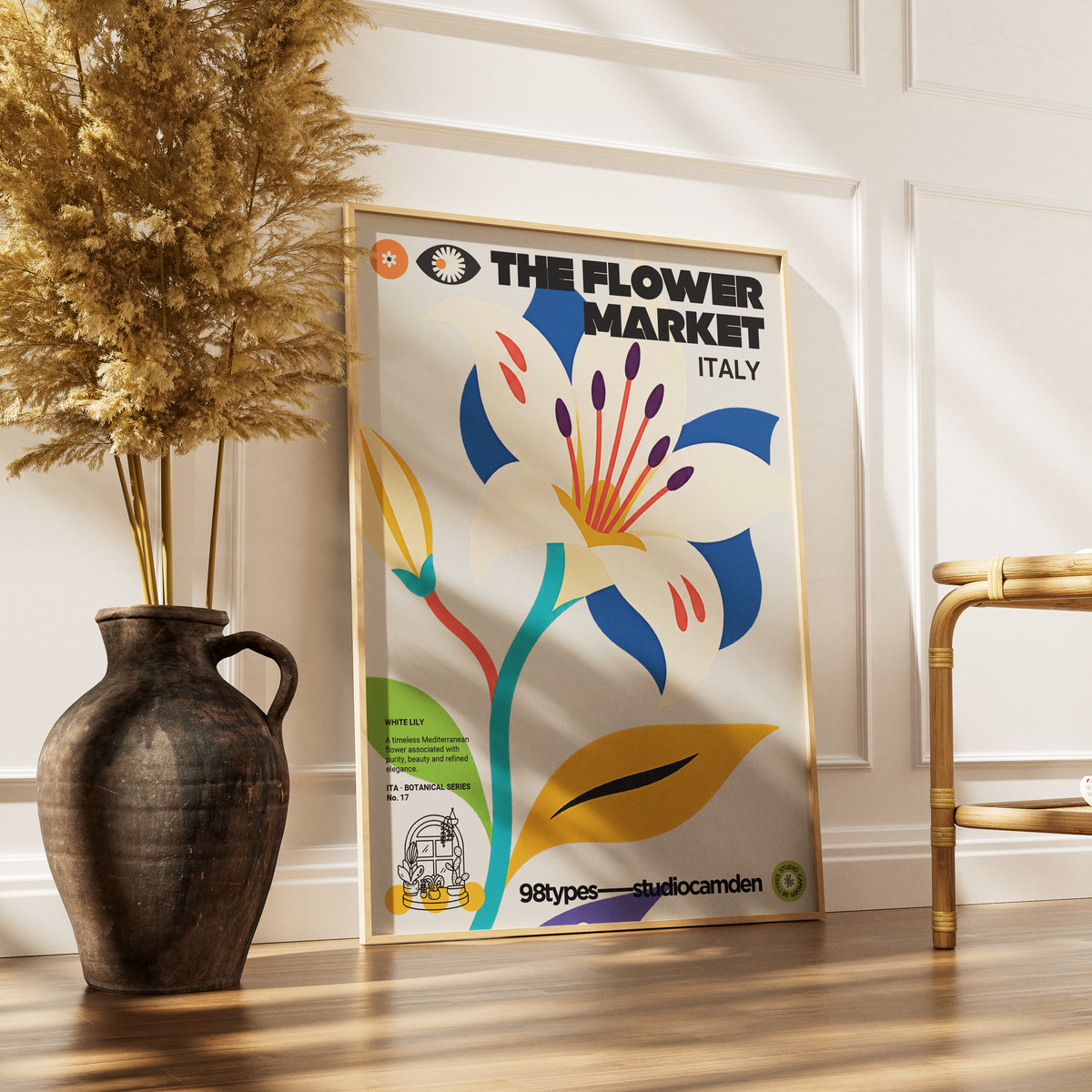 The Flower Market Italy White Lily Madonna Lily botanical poster print UK — Italian Renaissance emblem graphic wall art 260gsm printed in England Camden Market