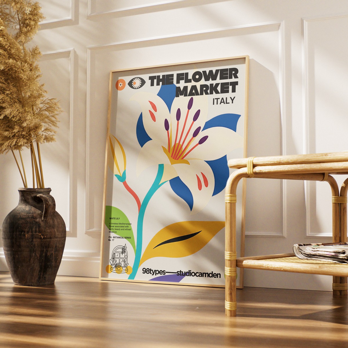 The Flower Market Italy White Lily Madonna Lily botanical poster print UK — Italian Renaissance emblem graphic wall art 260gsm printed in England Camden Market