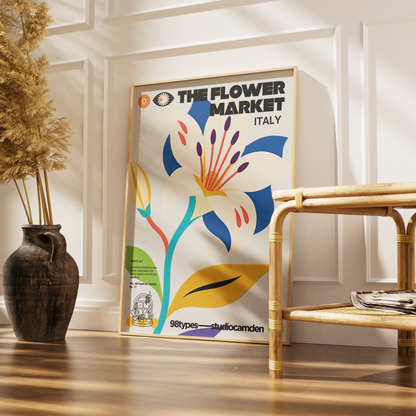 The Flower Market Italy White Lily Madonna Lily botanical poster print UK — Italian Renaissance emblem graphic wall art 260gsm printed in England Camden Market