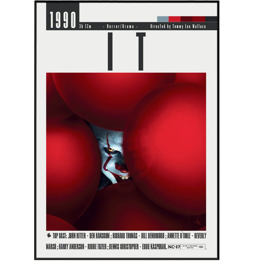 IT 1990 horror TV movie poster — Pennywise Tim Curry Losers Club Derry clown wall art print UK