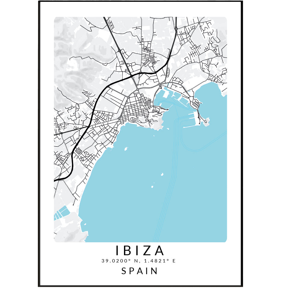 Discover the beauty of Ibiza with our custom map print. Featuring artistic street maps in a range of sizes, perfect for living room or wall decor ideas. Made by a local artist, these posters are a must-have for any map lover. Explore the streets of Spain with our Ibiza map print. 98types