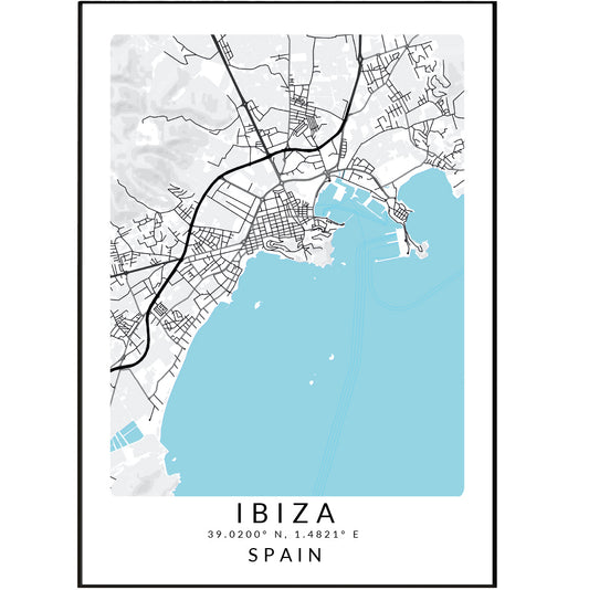 Discover the beauty of Ibiza with our custom map print. Featuring artistic street maps in a range of sizes, perfect for living room or wall decor ideas. Made by a local artist, these posters are a must-have for any map lover. Explore the streets of Spain with our Ibiza map print. 98types