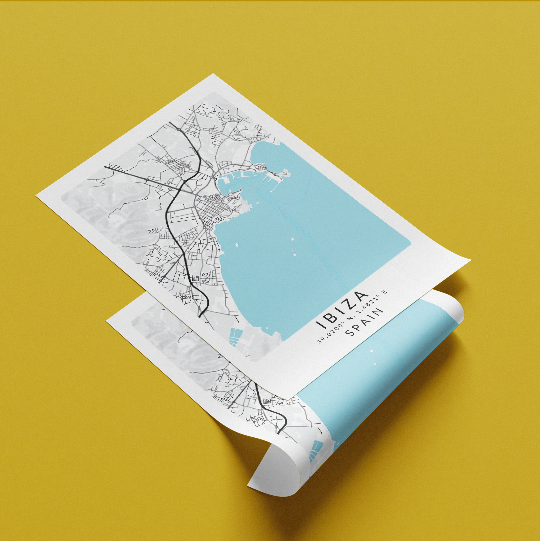 Discover the beauty of Ibiza with our custom map print. Featuring artistic street maps in a range of sizes, perfect for living room or wall decor ideas. Made by a local artist, these posters are a must-have for any map lover. Explore the streets of Spain with our Ibiza map print.