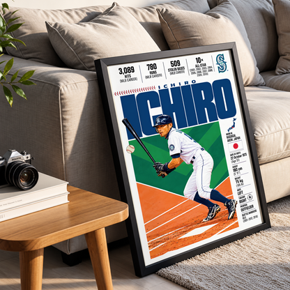 Ichiro Suzuki poster, Seattle Mariners baseball wall art print in a living room - 98types