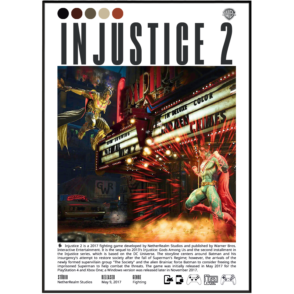 Front cover of the board game Injustice 2, featuring a stylized night scene with Batman flying above a lit theater marquee and a glowing Joker figure in the rain. The title 'INJUSTICE 2' appears in large black letters at the top, with publisher and developer credits along the bottom.