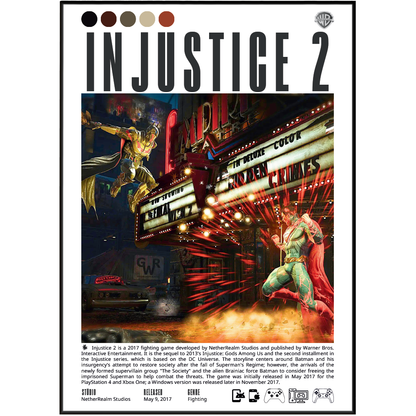 Front cover of the board game Injustice 2, featuring a stylized night scene with Batman flying above a lit theater marquee and a glowing Joker figure in the rain. The title 'INJUSTICE 2' appears in large black letters at the top, with publisher and developer credits along the bottom.