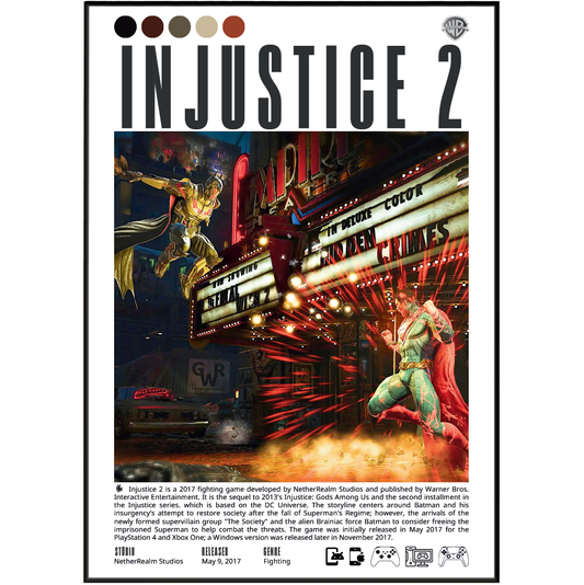 Front cover of the board game Injustice 2, featuring a stylized night scene with Batman flying above a lit theater marquee and a glowing Joker figure in the rain. The title 'INJUSTICE 2' appears in large black letters at the top, with publisher and developer credits along the bottom.