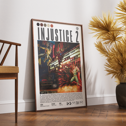 A framed 'Injustice 2' movie poster leaning against a white wall on a wooden floor, next to a wooden chair and a potted palm plant.
