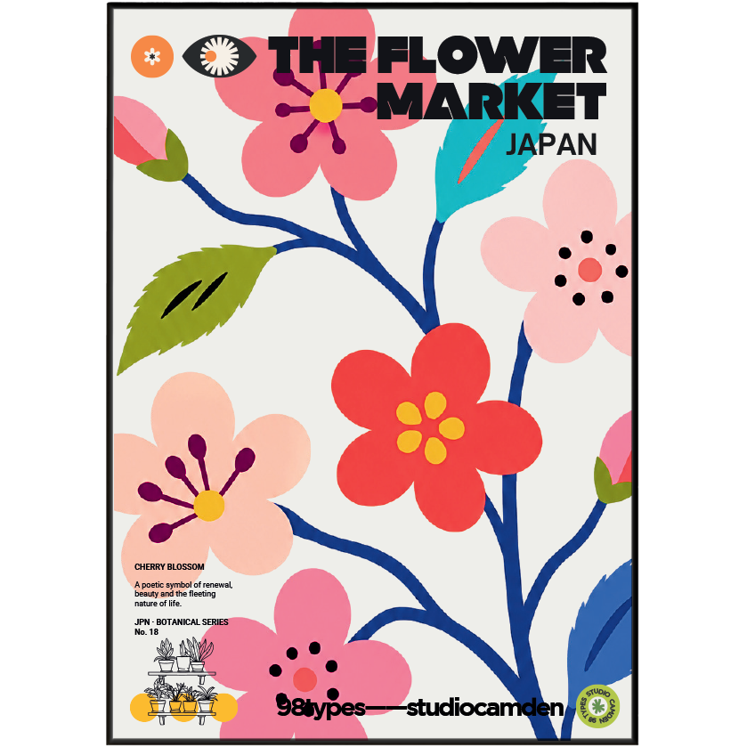 The Flower Market Japan Cherry Blossom Sakura botanical poster print UK — national symbol graphic wall art 260gsm printed in England Camden Market