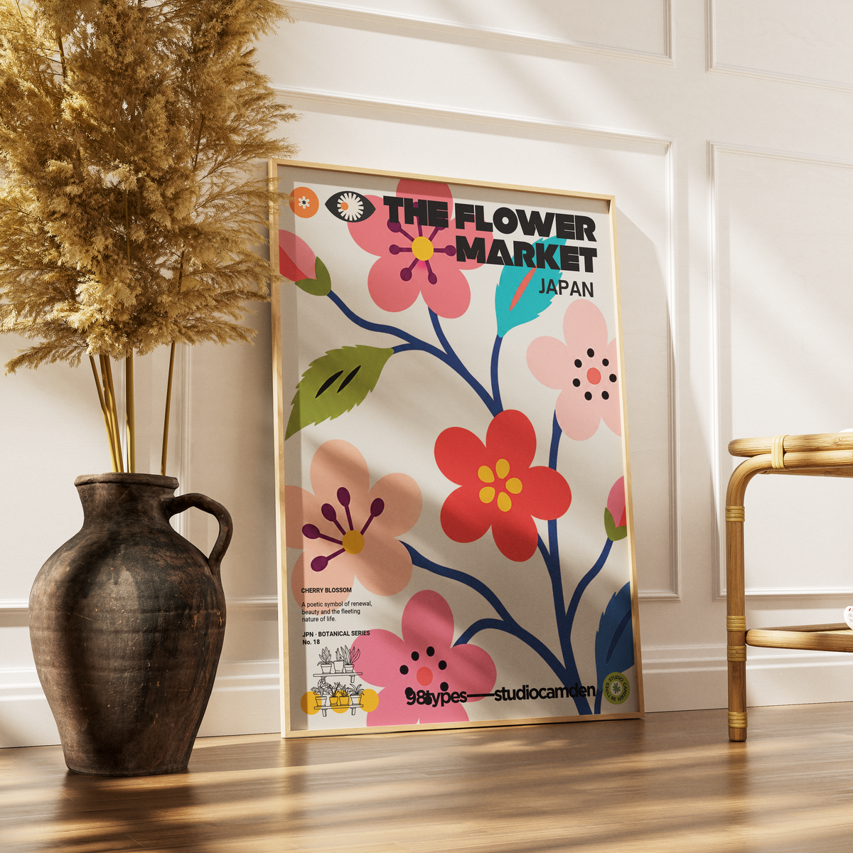 The Flower Market Japan Cherry Blossom Sakura botanical poster print UK — national symbol graphic wall art 260gsm printed in England Camden Market