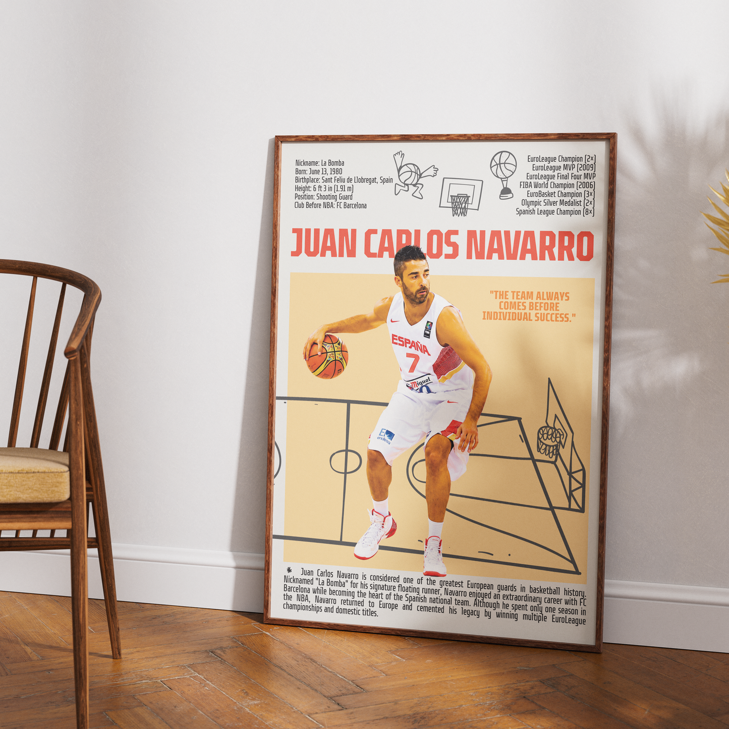 Juan Carlos Navarro La Bomba basketball poster — FC Barcelona Spain EuroBasket legend minimalist wall art print UK