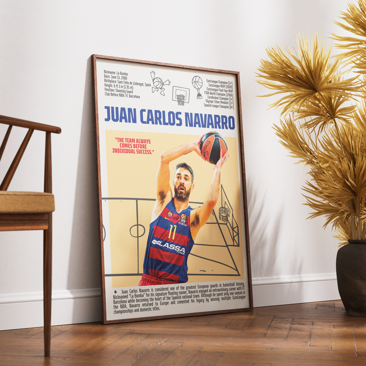 Juan Carlos Navarro La Bomba basketball poster — FC Barcelona Spain EuroBasket legend minimalist wall art print UK