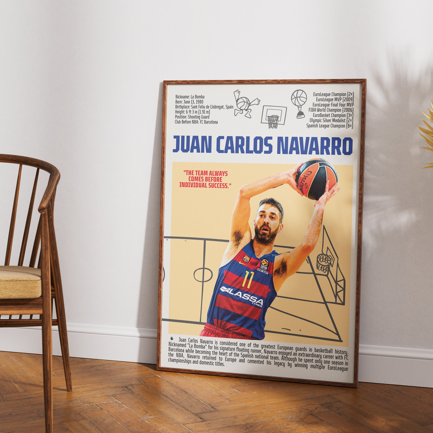Juan Carlos Navarro La Bomba basketball poster — FC Barcelona Spain EuroBasket legend minimalist wall art print UK