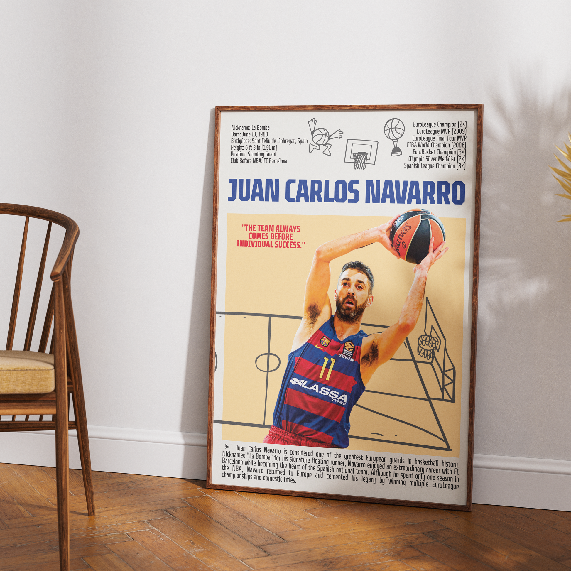 Juan Carlos Navarro La Bomba basketball poster — FC Barcelona Spain EuroBasket legend minimalist wall art print UK