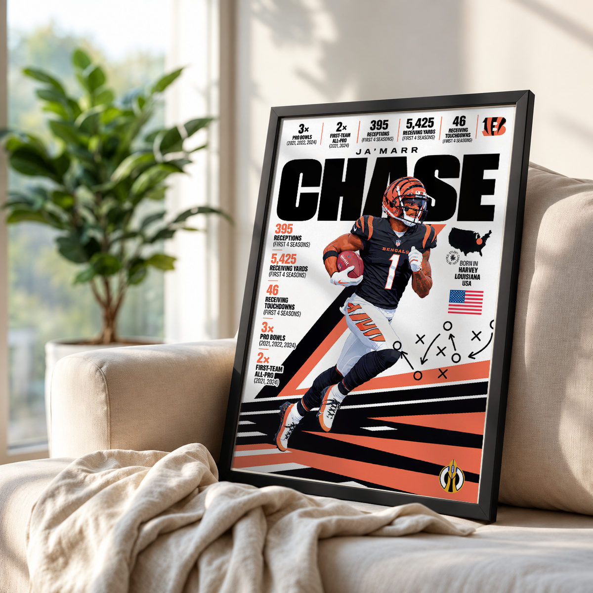 Ja'Marr Chase poster, Cincinnati Bengals NFL wall art print in a boy's bedroom - 98types