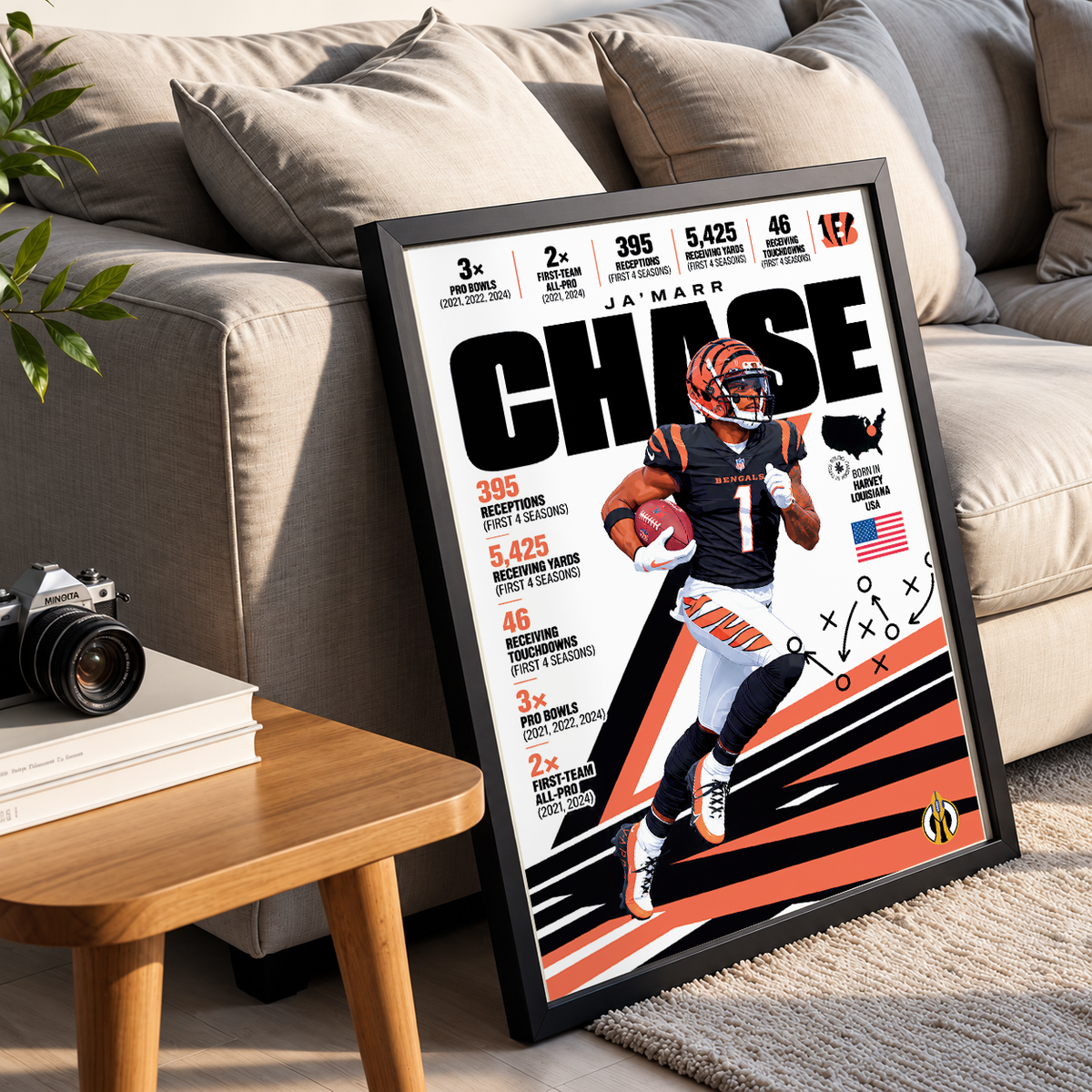 Ja'Marr Chase poster, Cincinnati Bengals NFL wall art print in a boy's bedroom - 98types