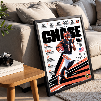 Ja'Marr Chase poster, Cincinnati Bengals NFL wall art print in a boy's bedroom - 98types
