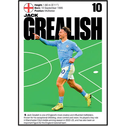 A vertical football player poster for Jack Grealish. The design features a black border with player statistics at the top left, the number '10' at the top right, and 'JACK GREALISH' in bold black text.