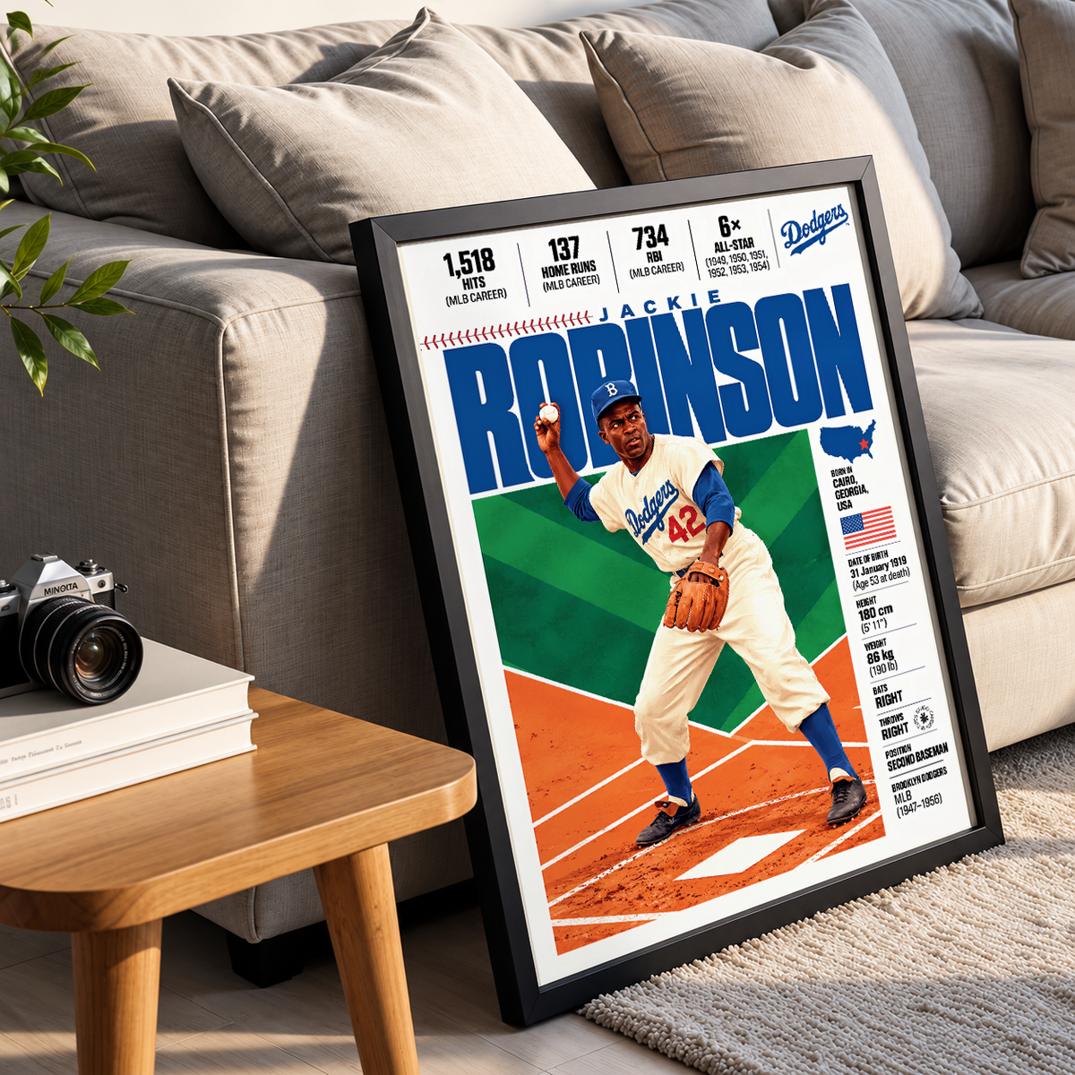 Jackie Robinson poster, Brooklyn Dodgers baseball wall art print in a bedroom - 98types