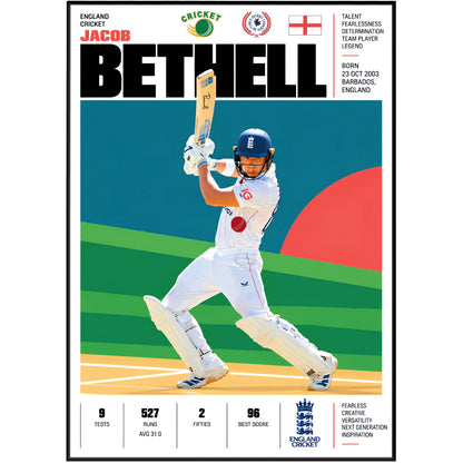 Jacob Bethell cricket poster wall art print by 98types