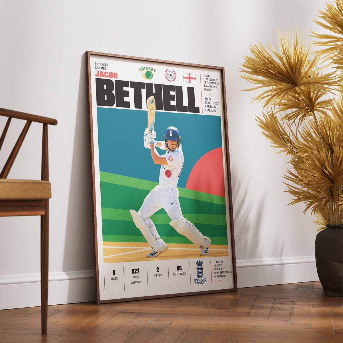 Jacob Bethell cricket poster wall art print by 98types