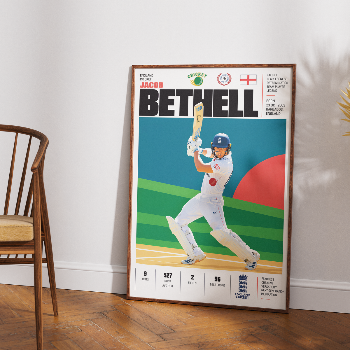 Jacob Bethell cricket poster wall art print by 98types