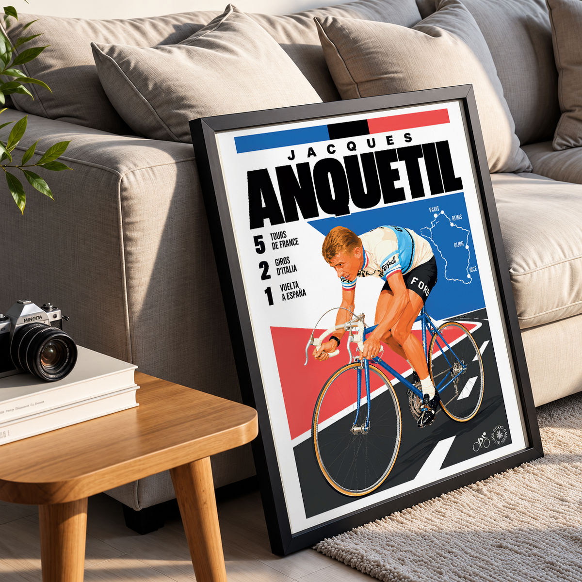 Jacques Anquetil poster, French cycling wall art print in a pain cave - 98types