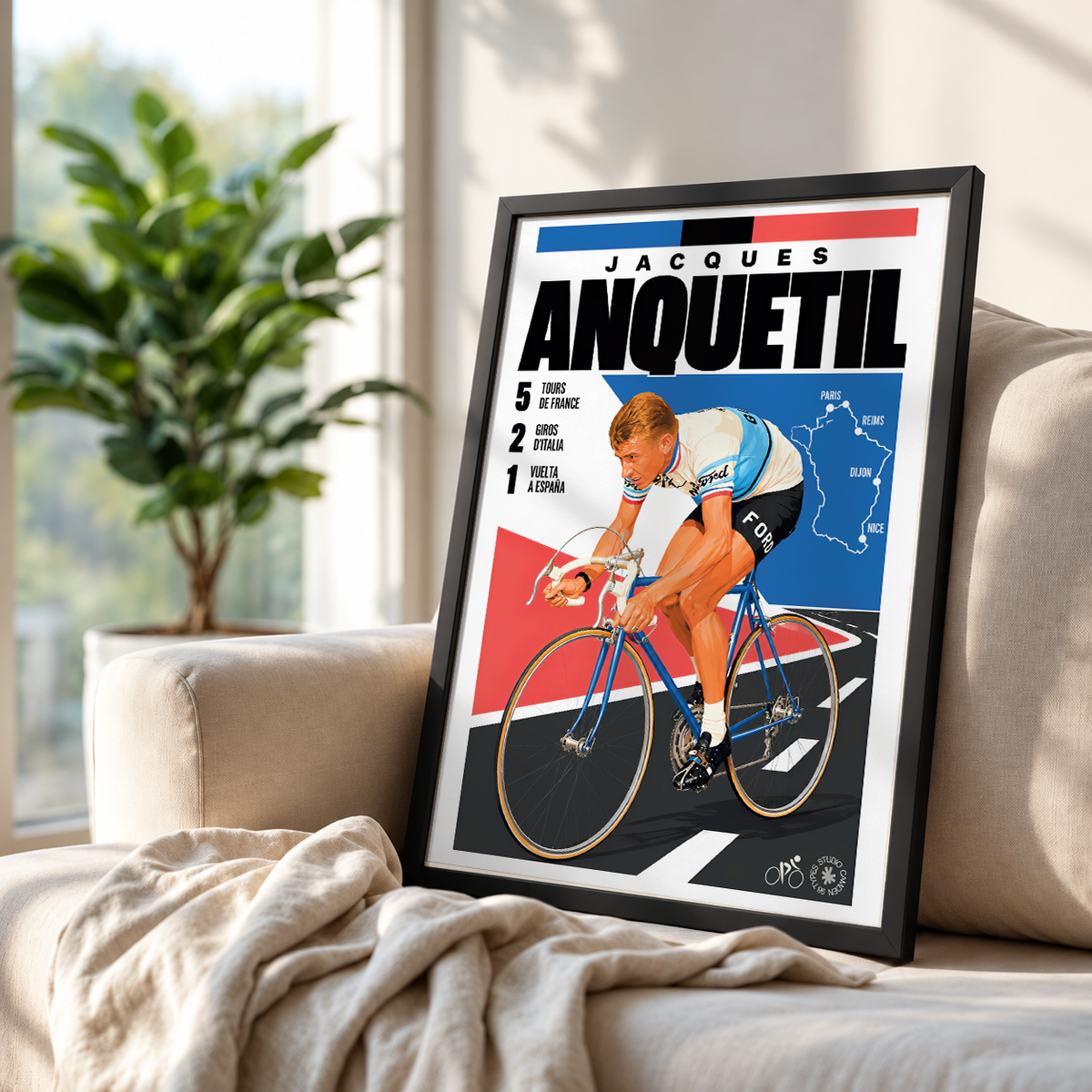 Jacques Anquetil poster, French cycling wall art print in a pain cave - 98types