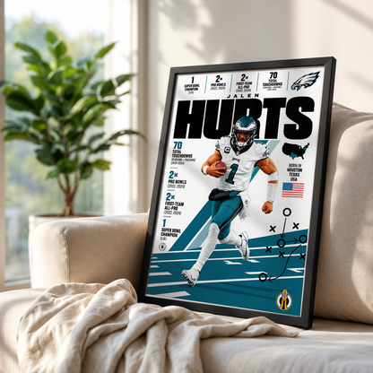 Jalen Hurts poster, Philadelphia Eagles NFL wall art print in a boy's bedroom - 98types