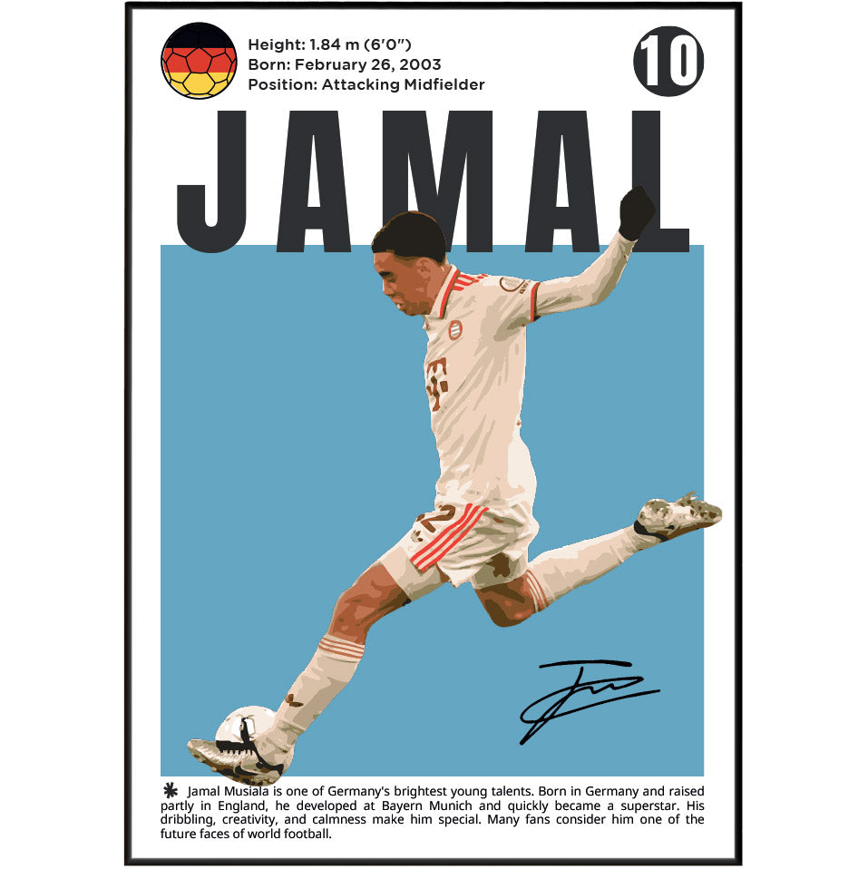 A framed football poster featuring Jamal Musial with a black-and-white portrait, a large blue background block, the name 'JAMAL' in bold black letters, and biographical text at the bottom.