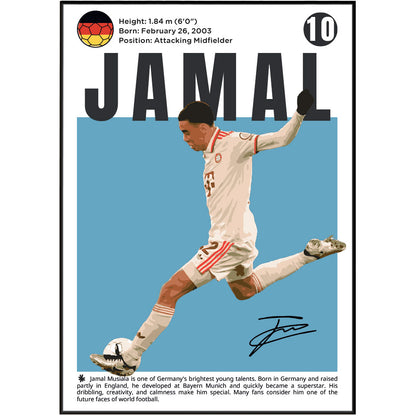 A framed football poster featuring Jamal Musial with a black-and-white portrait, a large blue background block, the name 'JAMAL' in bold black letters, and biographical text at the bottom.