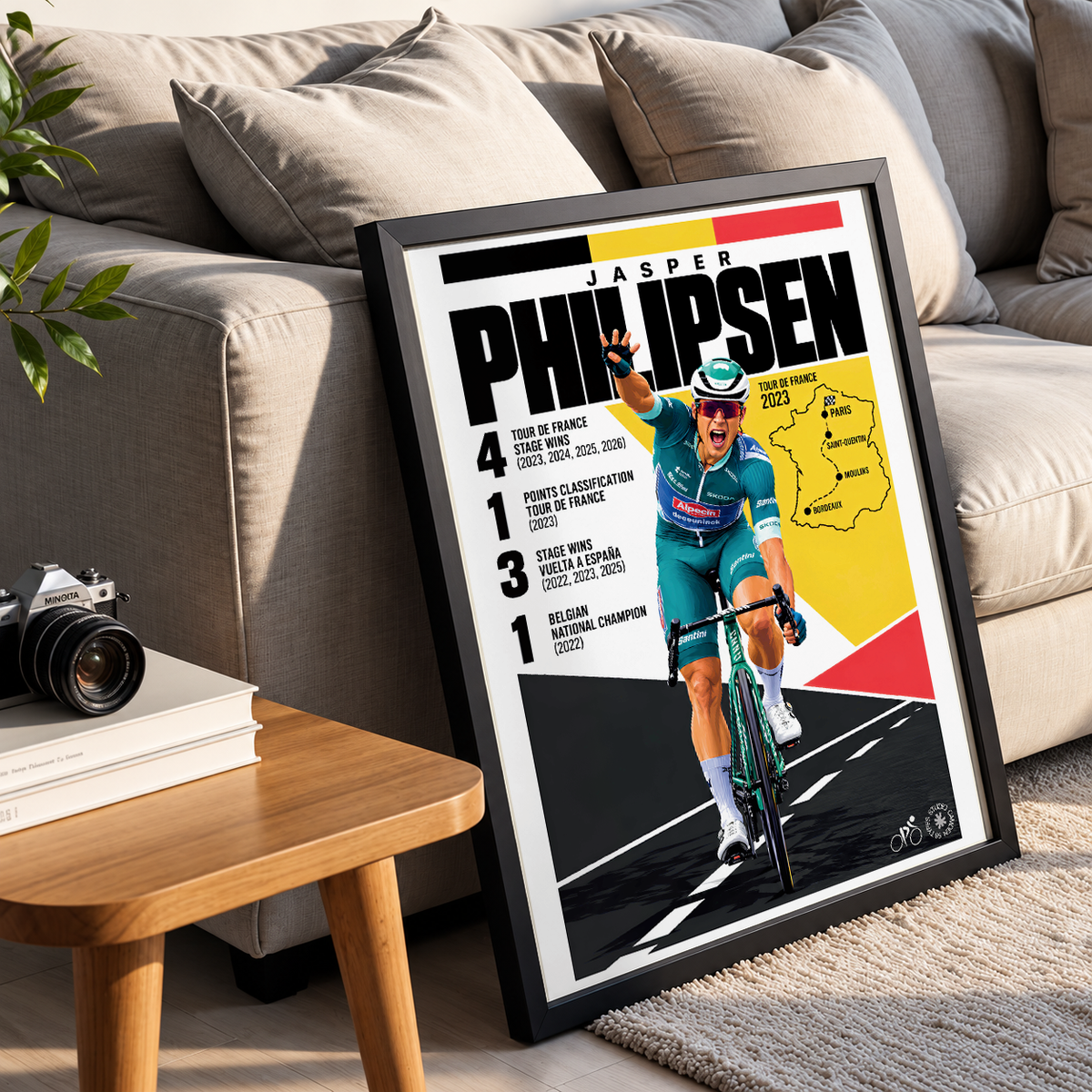 Jasper Philipsen poster, Belgian cycling wall art print in a pain cave - 98types
