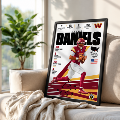 Jayden Daniels poster, Washington Commanders NFL wall art print in a boy's bedroom - 98types