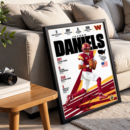 Jayden Daniels poster, Washington Commanders NFL wall art print in a boy's bedroom - 98types