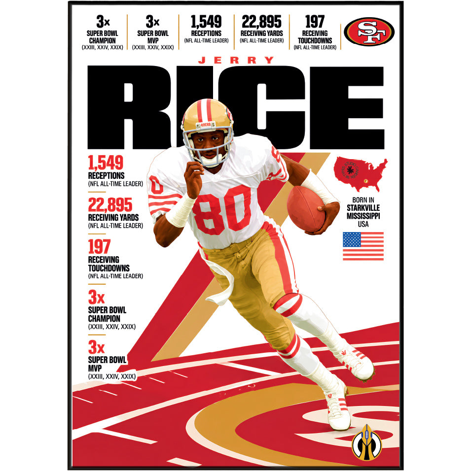 Jerry Rice poster, San Francisco 49ers NFL wall art print in a boy's bedroom - 98types
