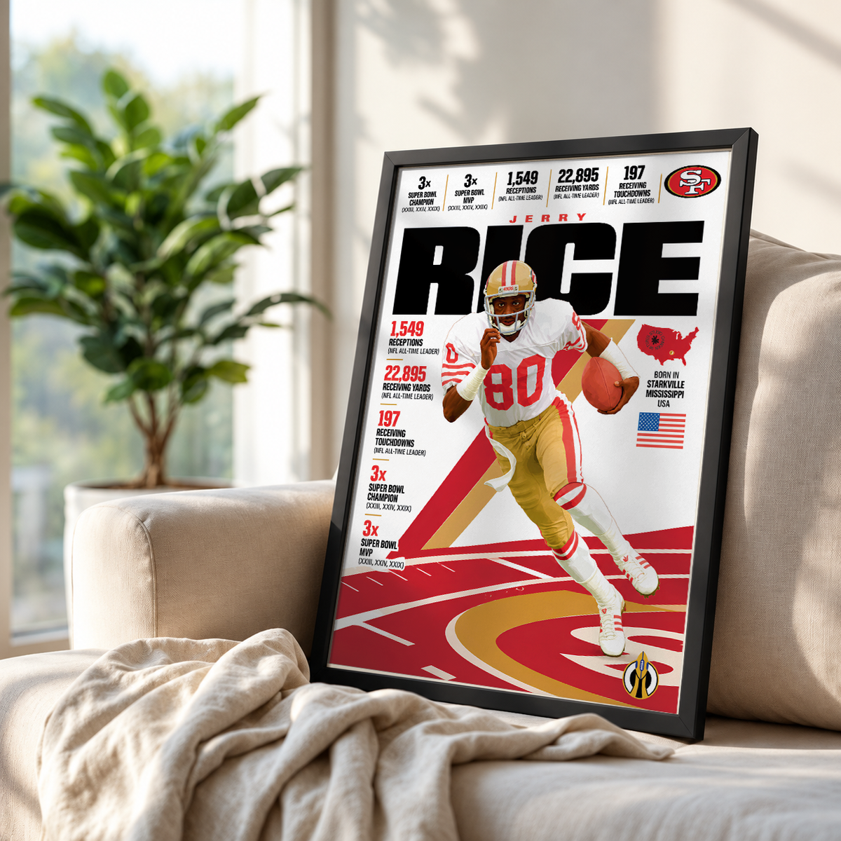 Jerry Rice poster, San Francisco 49ers NFL wall art print in a boy's bedroom - 98types