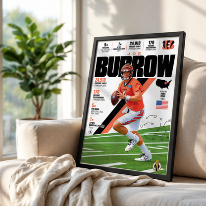 Joe Burrow poster, Cincinnati Bengals NFL wall art print in a boy's bedroom - 98types