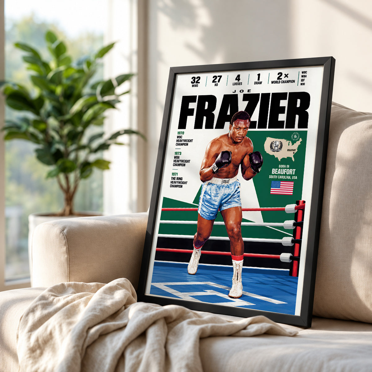 Joe Frazier poster, American boxing wall art print in a man cave - 98types