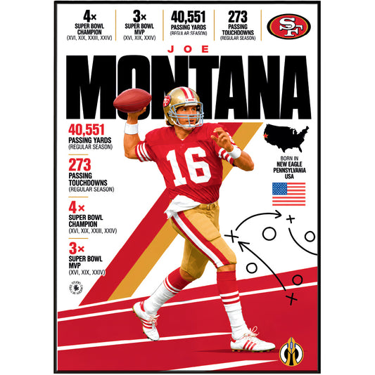 Joe Montana poster, San Francisco 49ers NFL wall art print in a boy's bedroom - 98types