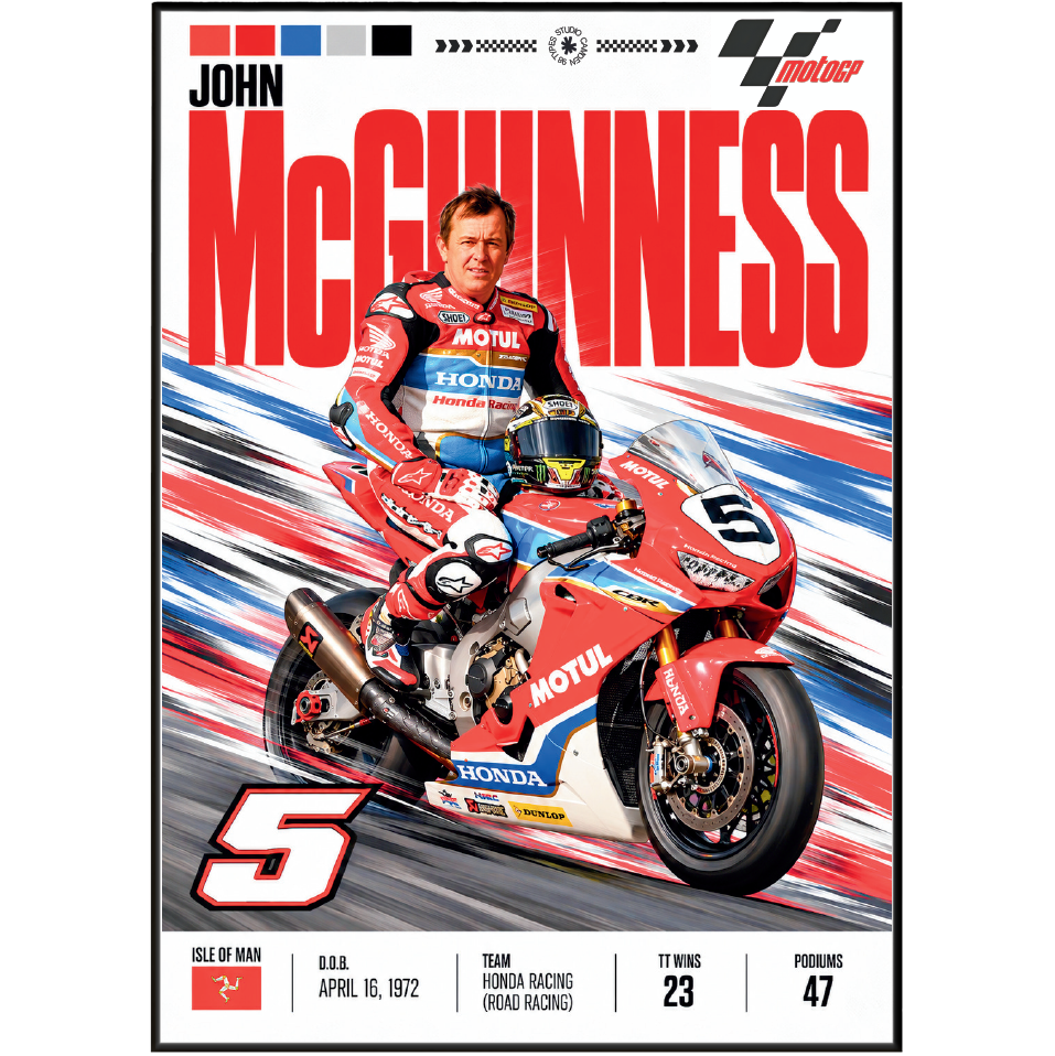 A commemorative poster of racing driver John McGuinness, featuring a large red 'MCGUNNNESS' text at the top, a photo of him in a red and blue racing suit sitting on a red Honda motorcycle, and biographical details at the bottom.