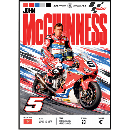 A commemorative poster of racing driver John McGuinness, featuring a large red 'MCGUNNNESS' text at the top, a photo of him in a red and blue racing suit sitting on a red Honda motorcycle, and biographical details at the bottom.
