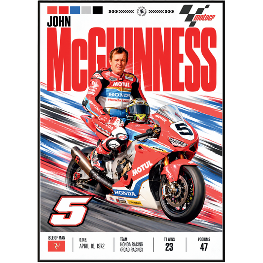 A commemorative poster of racing driver John McGuinness, featuring a large red 'MCGUNNNESS' text at the top, a photo of him in a red and blue racing suit sitting on a red Honda motorcycle, and biographical details at the bottom.