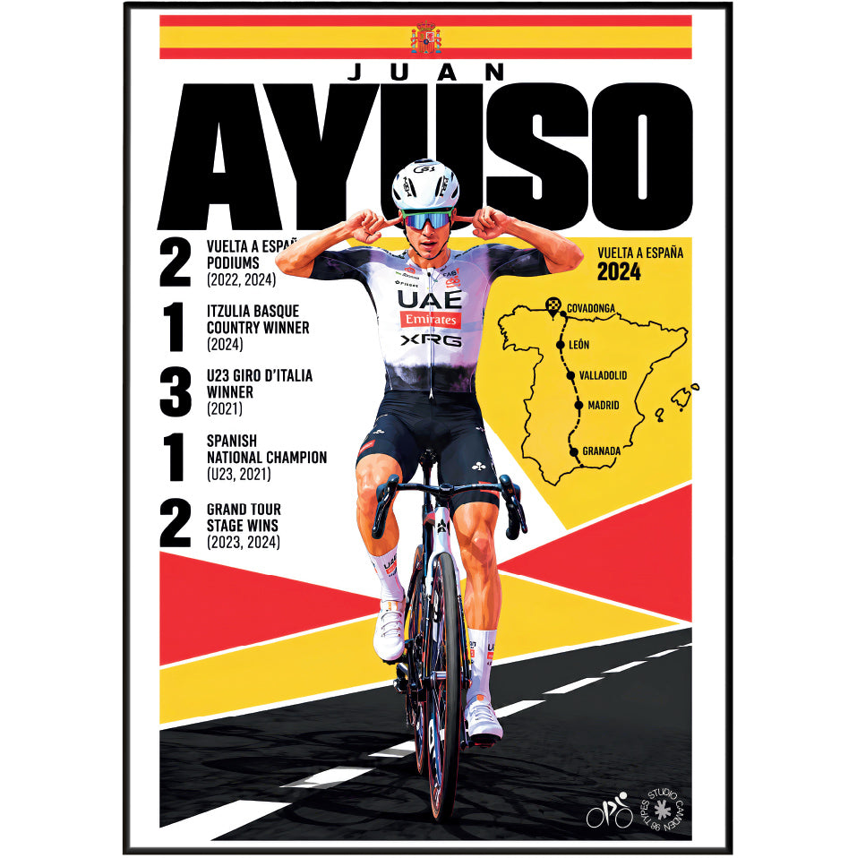 A commemorative cycling poster for Juan Ayuso featuring a large black 'AYUSO' title, his name at the top, race results and Spain route details, and a photo of him riding a road bike against a graphic red, yellow, and white background.