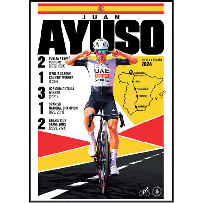 A commemorative cycling poster for Juan Ayuso featuring a large black 'AYUSO' title, his name at the top, race results and Spain route details, and a photo of him riding a road bike against a graphic red, yellow, and white background.