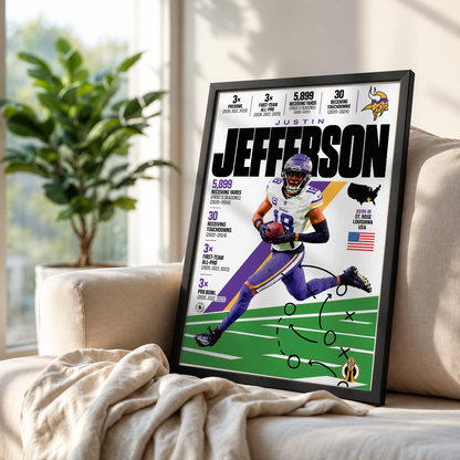 Justin Jefferson poster, Minnesota Vikings NFL wall art print in a boy's bedroom - 98types