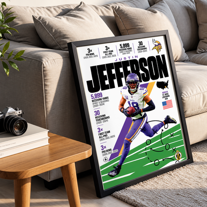 Justin Jefferson poster, Minnesota Vikings NFL wall art print in a boy's bedroom - 98types