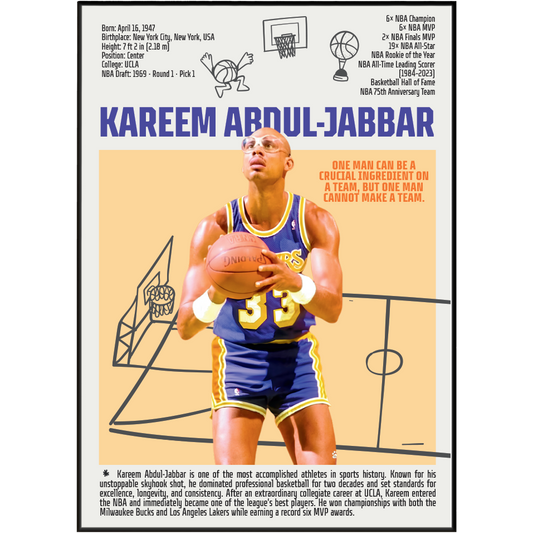 Kareem Abdul-Jabbar basketball poster — skyhook Lakers all-time scoring leader minimalist wall art print UK