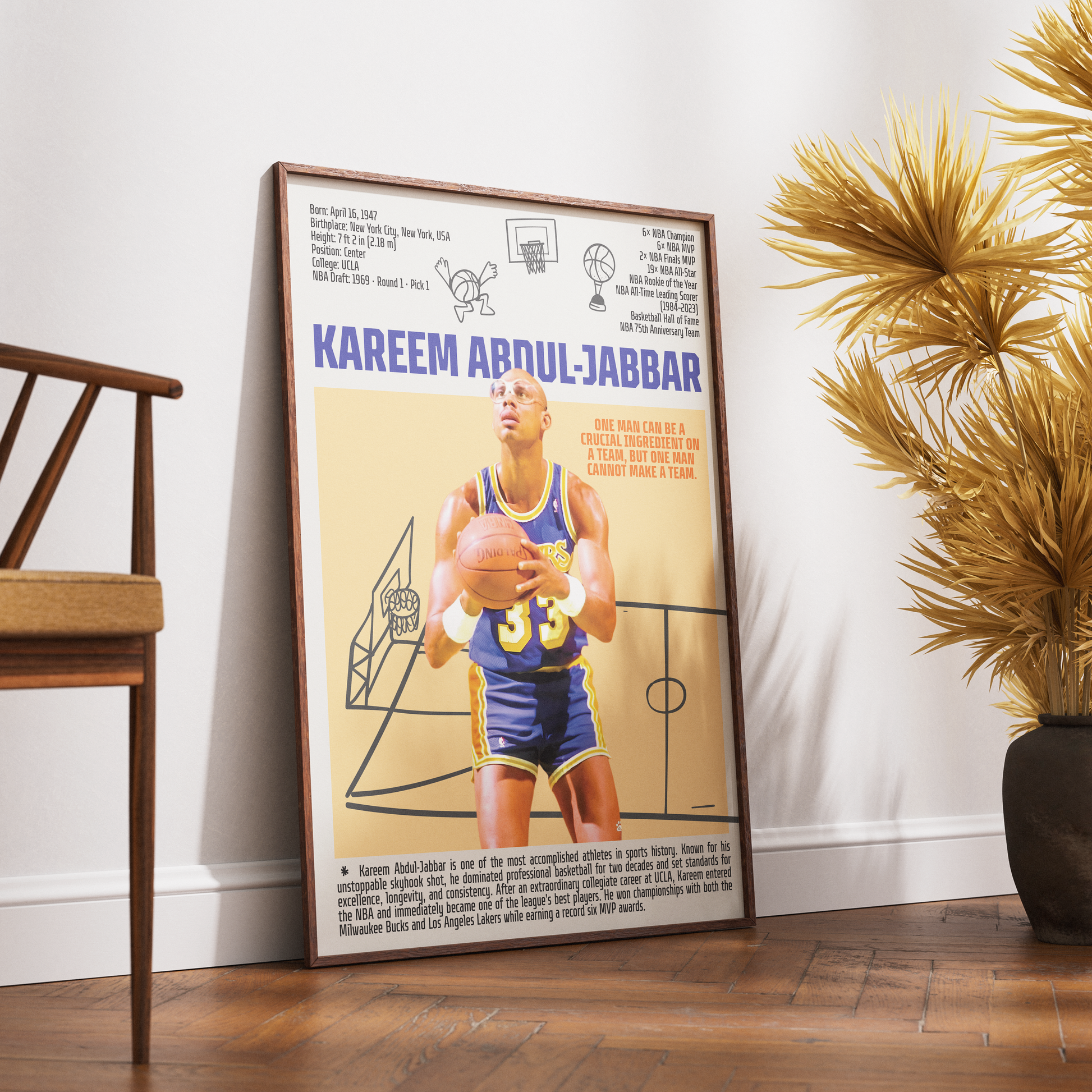 Kareem Abdul-Jabbar basketball poster — skyhook Lakers all-time scoring leader minimalist wall art print UK