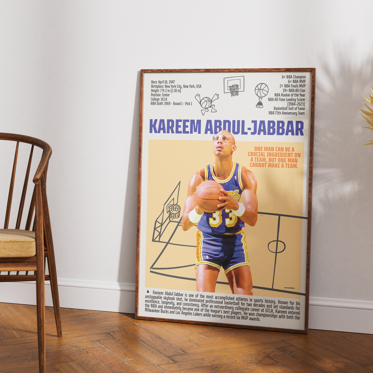 Kareem Abdul-Jabbar basketball poster — skyhook Lakers all-time scoring leader minimalist wall art print UK