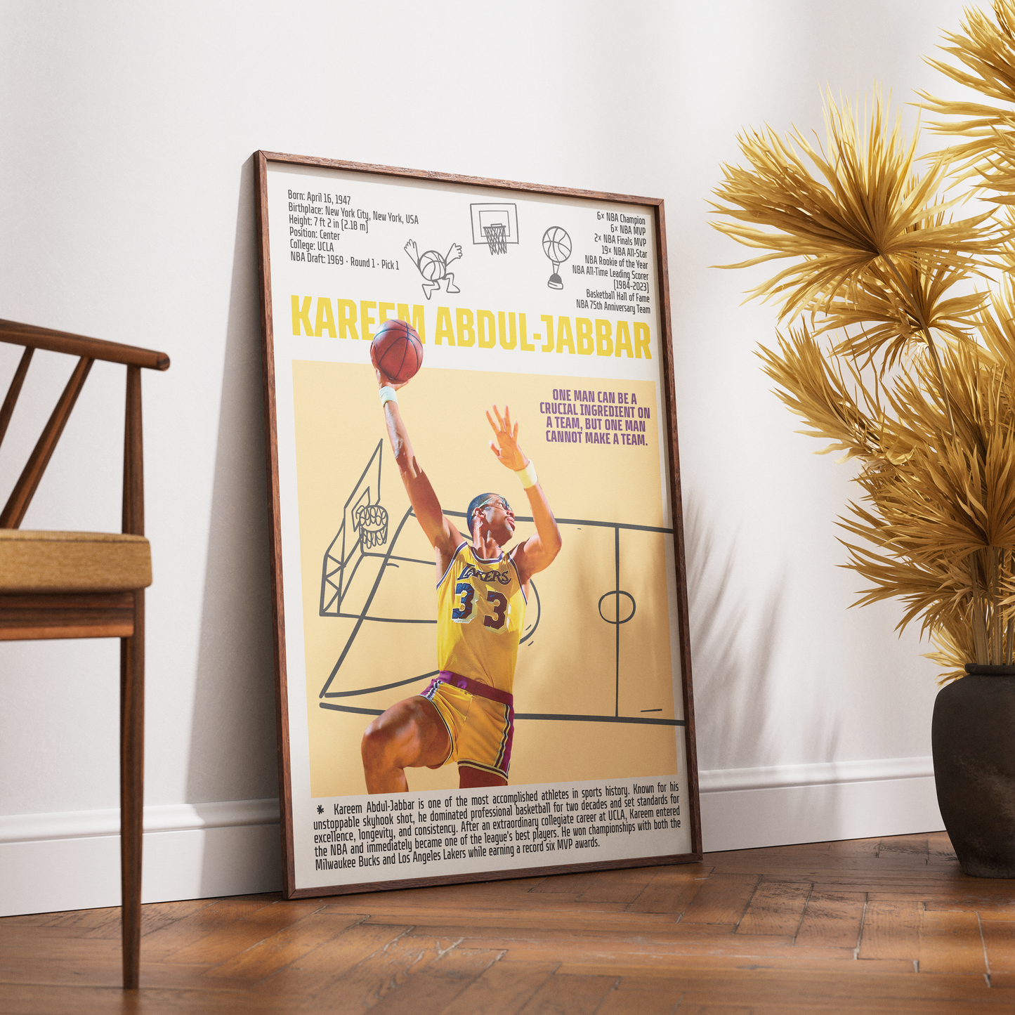 Kareem Abdul-Jabbar basketball poster — skyhook Lakers all-time scoring leader minimalist wall art print UK